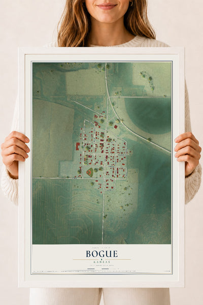 Map of Bogue, Kansas, 18 x 24 inch print in a white wood frame