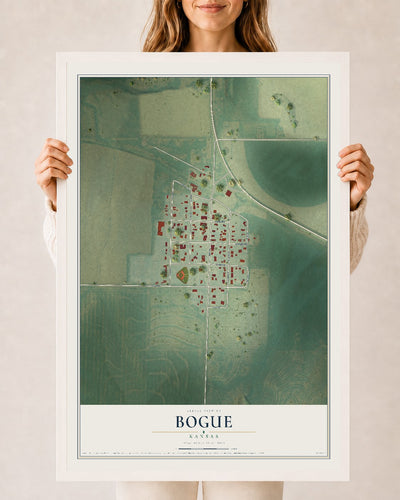 Map of Bogue, Kansas, 24 x 36 inch print in a white wood frame