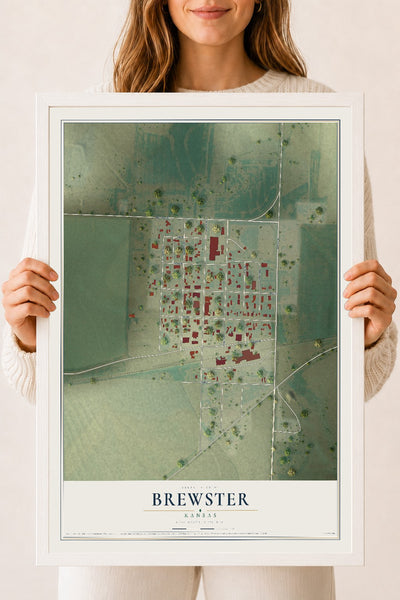 Map of Brewster, Kansas, 18 x 24 inch print in a white wood frame