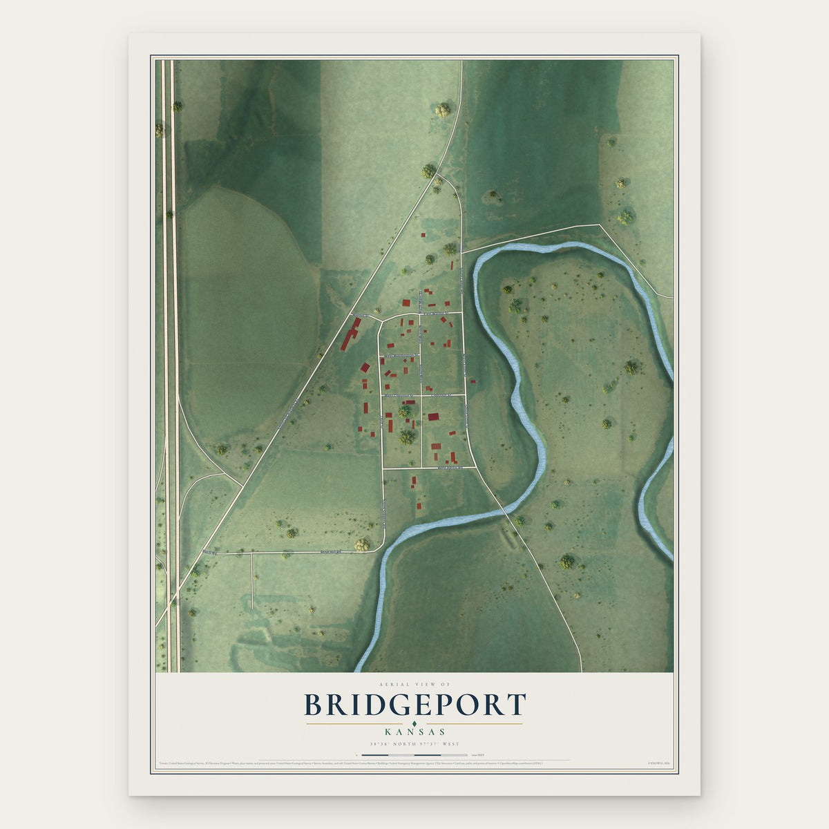 Bridgeport, Kansas map print, the full design
