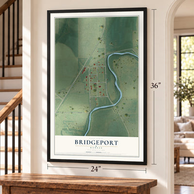 Bridgeport, Kansas map, 24 x 36 inch print in a black frame by a staircase
