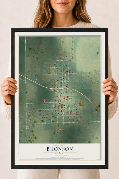 Map of Bronson, Kansas, 18 x 24 inch print in a black wood frame