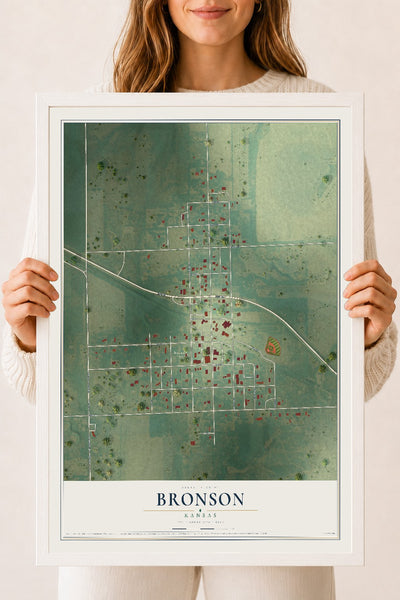 Map of Bronson, Kansas, 18 x 24 inch print in a white wood frame