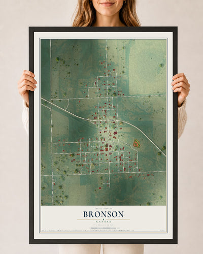 Map of Bronson, Kansas, 24 x 36 inch print in a black wood frame