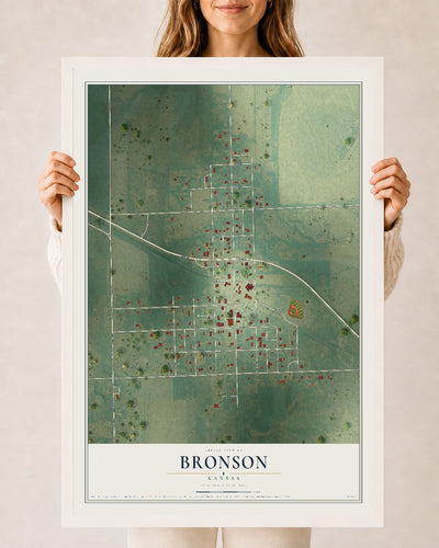 Map of Bronson, Kansas, 24 x 36 inch print in a white wood frame