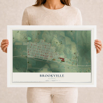 Map of Brookville, Kansas, 12 x 18 inch print in a white wood frame
