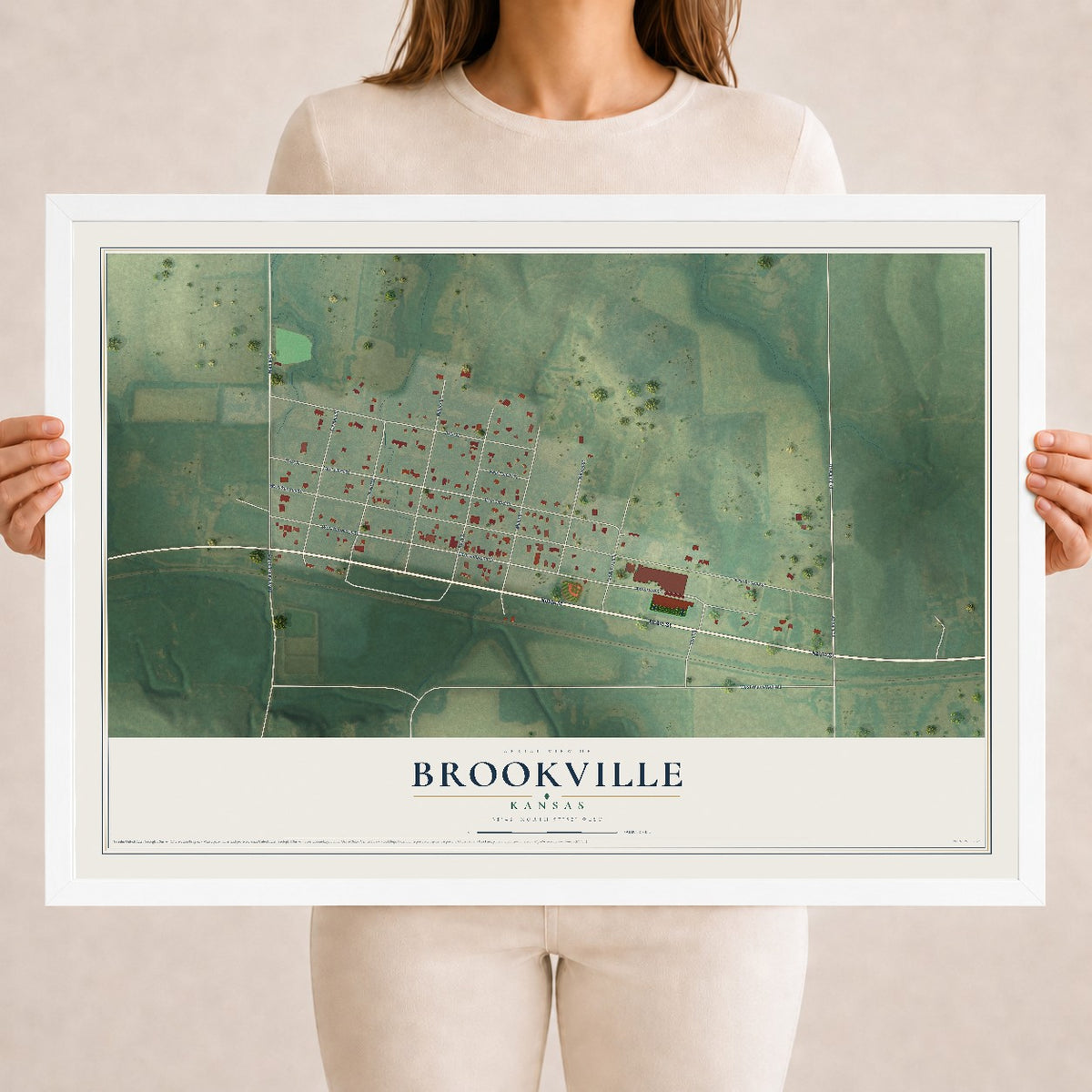Map of Brookville, Kansas, 18 x 24 inch print in a white wood frame