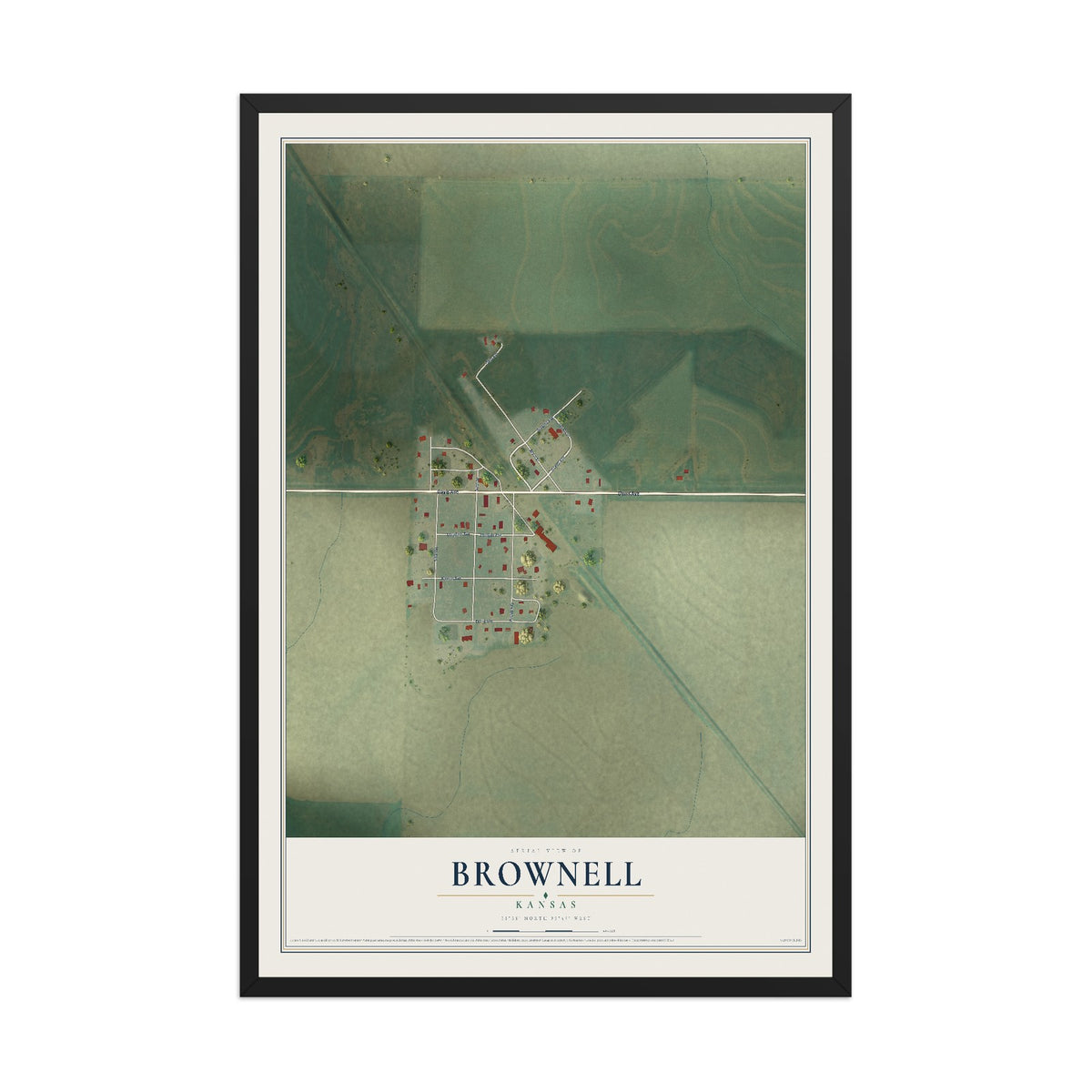 Map of Brownell, Kansas, 12 x 18 inch print in a black wood frame