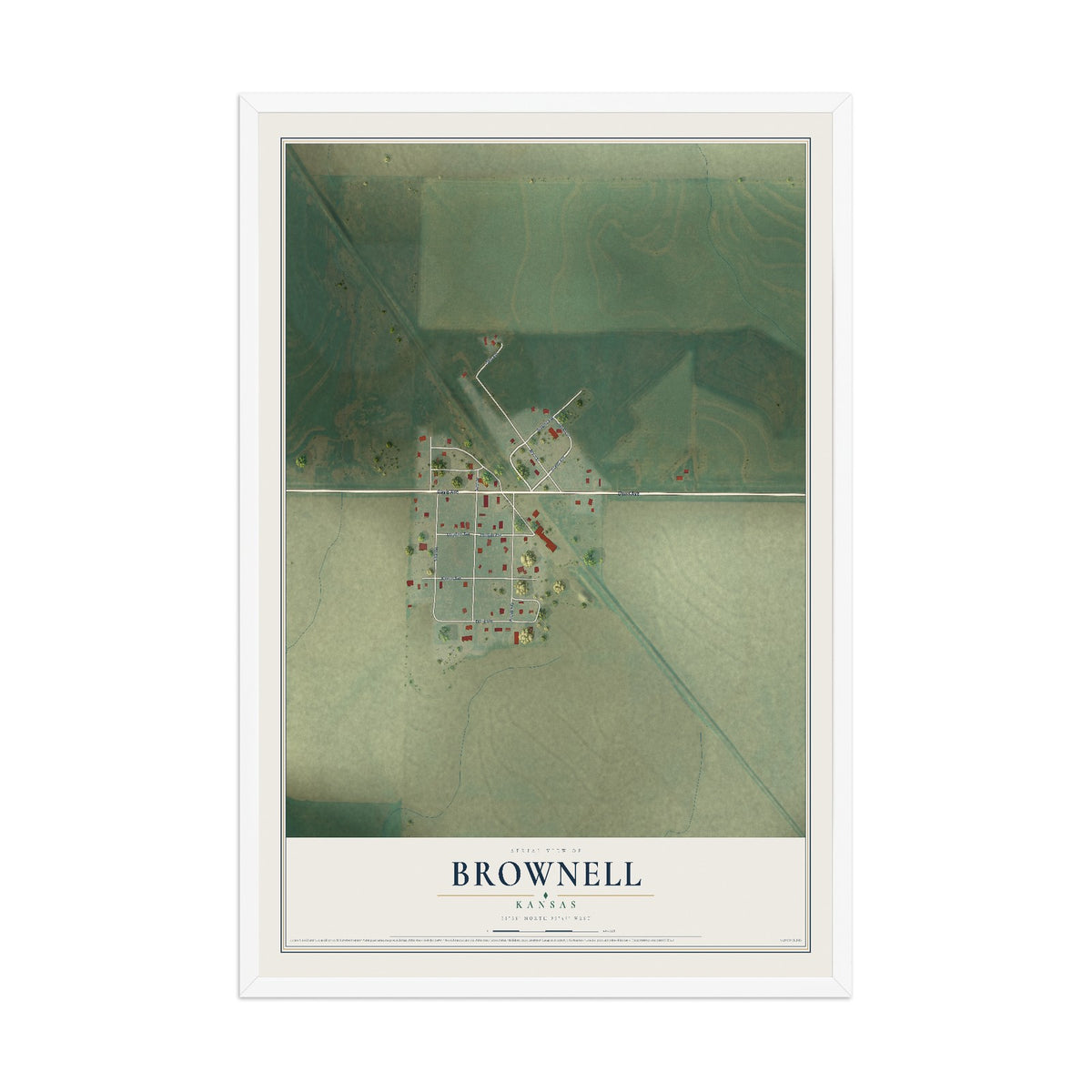Map of Brownell, Kansas, 12 x 18 inch print in a white wood frame