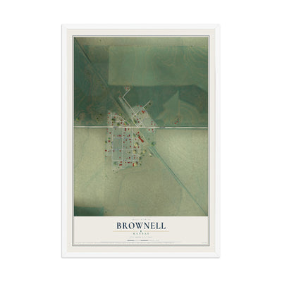 Map of Brownell, Kansas, 12 x 18 inch print in a white wood frame