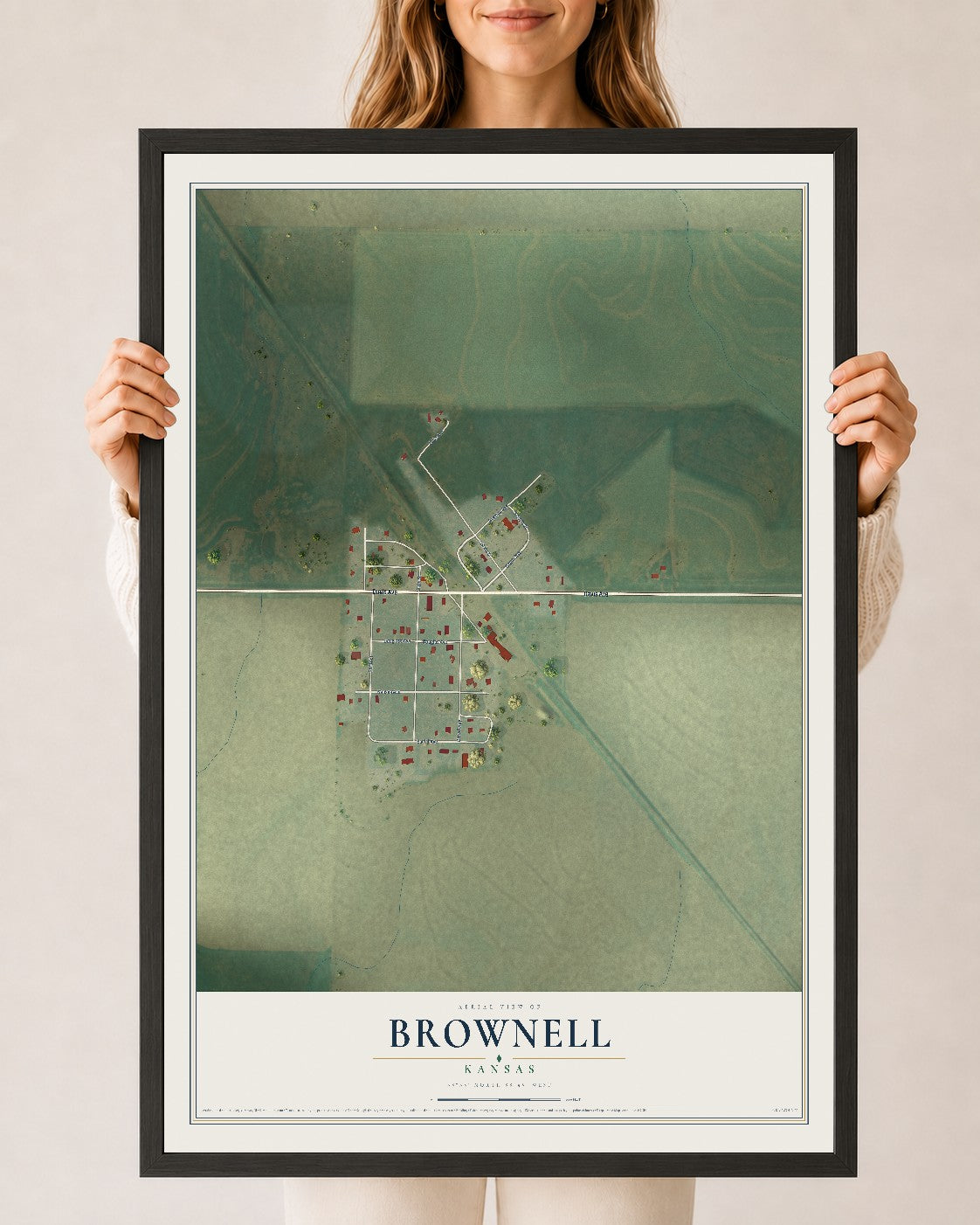 Map of Brownell, Kansas, 24 x 36 inch print in a black wood frame