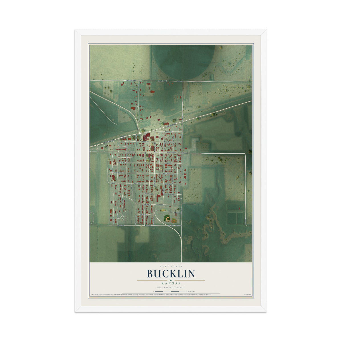 Map of Bucklin, Kansas, 12 x 18 inch print in a white wood frame