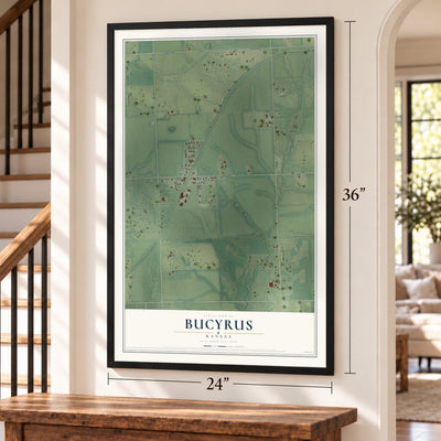Bucyrus, Kansas map, 24 x 36 inch print in a black frame by a staircase