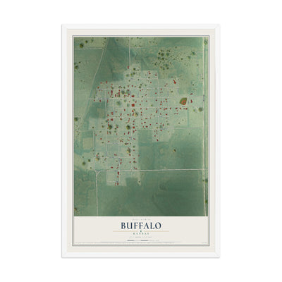 Map of Buffalo, Kansas, 12 x 18 inch print in a white wood frame