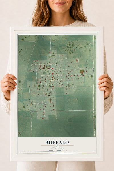 Map of Buffalo, Kansas, 18 x 24 inch print in a white wood frame