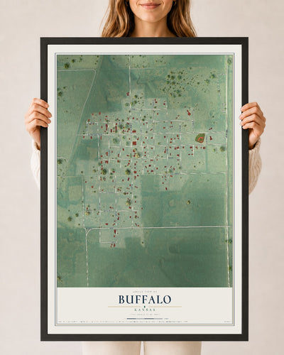 Map of Buffalo, Kansas, 24 x 36 inch print in a black wood frame