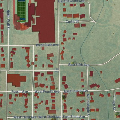 Close-up of the map of Buhler, Kansas print showing street and building detail
