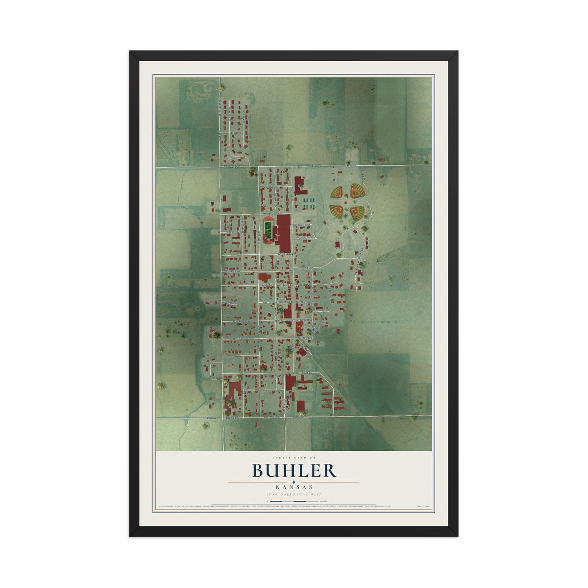 Map of Buhler, Kansas, 12 x 18 inch print in a black wood frame
