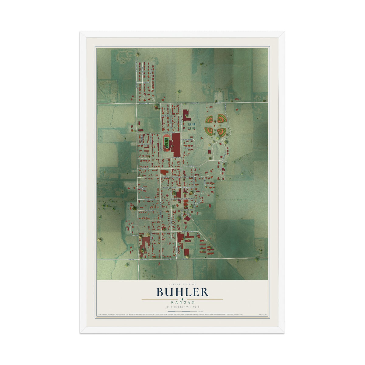 Map of Buhler, Kansas, 12 x 18 inch print in a white wood frame