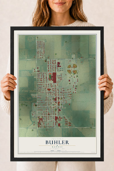 Map of Buhler, Kansas, 18 x 24 inch print in a black wood frame