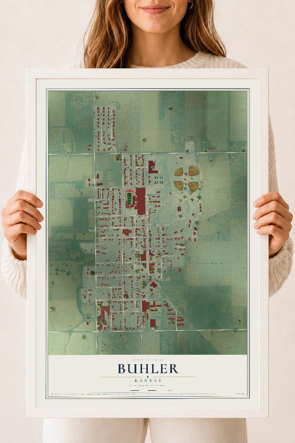 Map of Buhler, Kansas, 18 x 24 inch print in a white wood frame