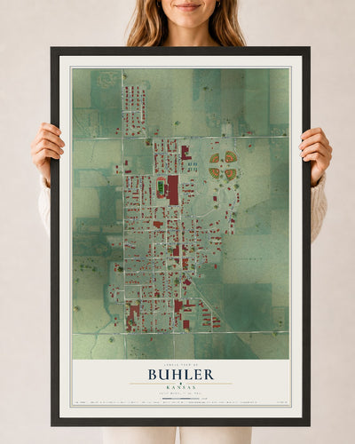 Map of Buhler, Kansas, 24 x 36 inch print in a black wood frame