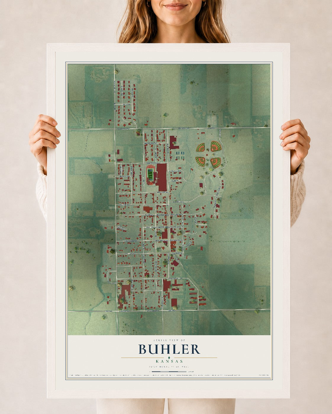 Map of Buhler, Kansas, 24 x 36 inch print in a white wood frame