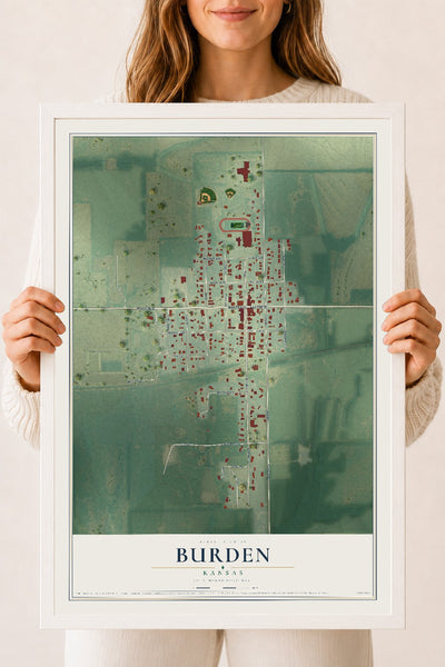 Map of Burden, Kansas, 18 x 24 inch print in a white wood frame