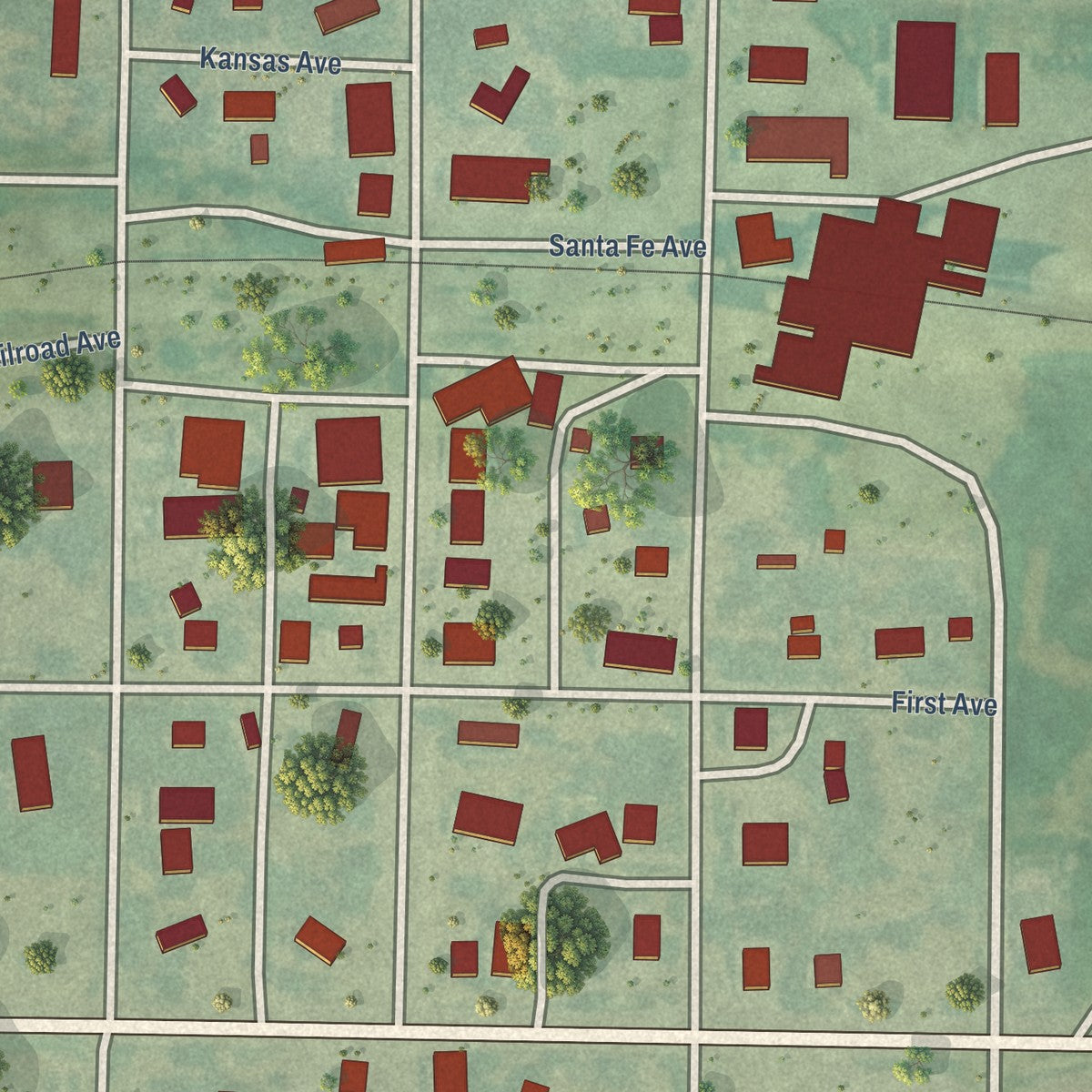 Close-up of the map of Burdett, Kansas print showing street and building detail