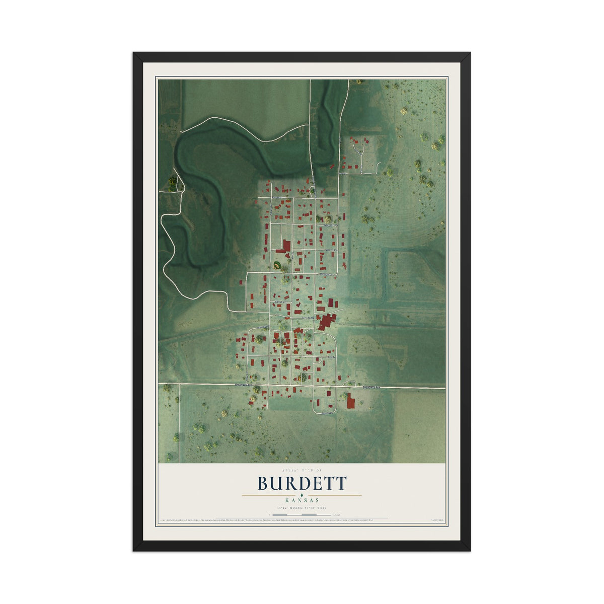 Map of Burdett, Kansas, 12 x 18 inch print in a black wood frame