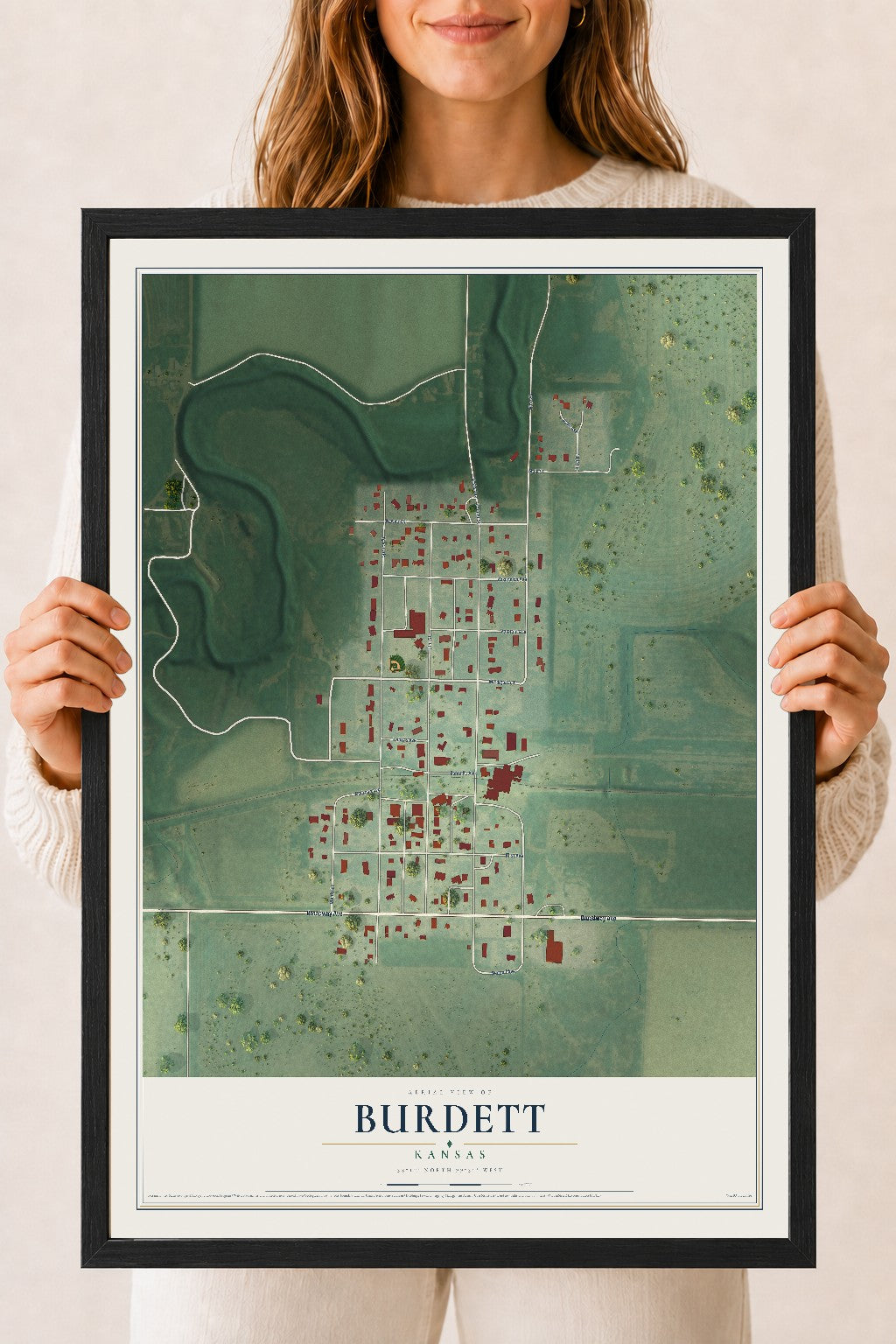 Map of Burdett, Kansas, 18 x 24 inch print in a black wood frame