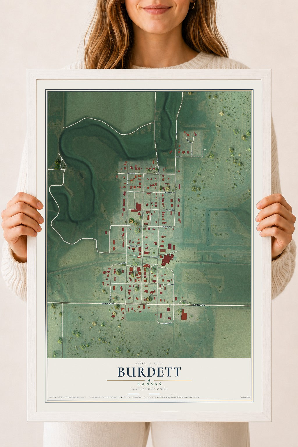 Map of Burdett, Kansas, 18 x 24 inch print in a white wood frame