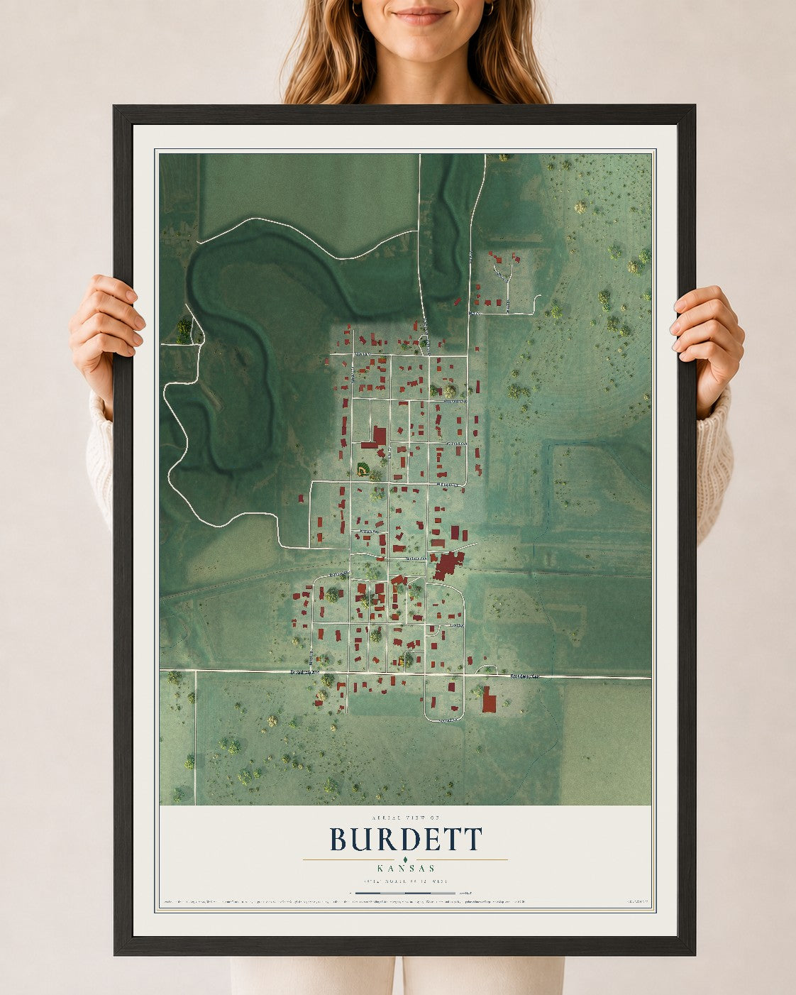 Map of Burdett, Kansas, 24 x 36 inch print in a black wood frame