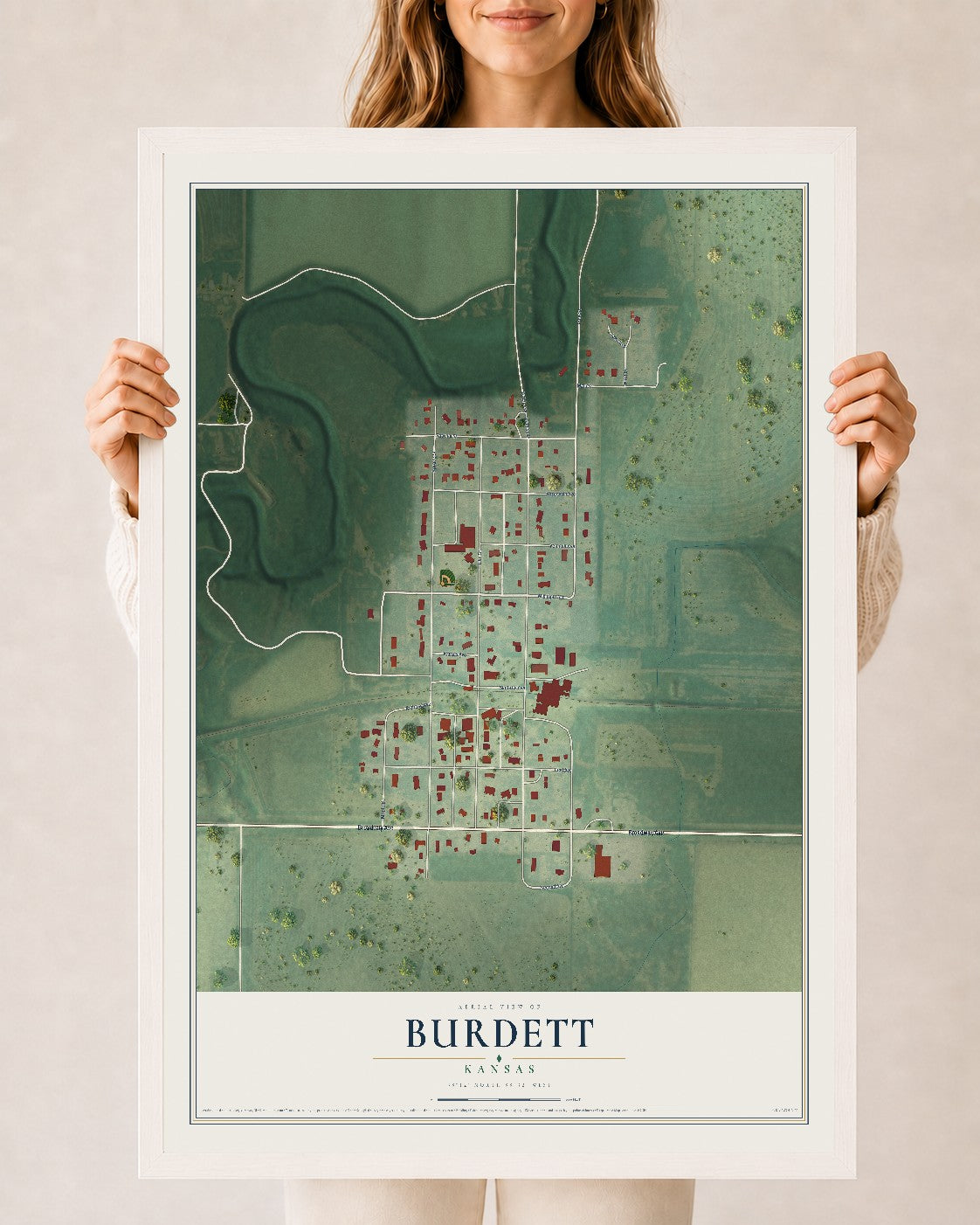 Map of Burdett, Kansas, 24 x 36 inch print in a white wood frame