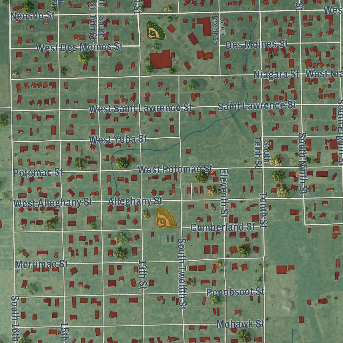 Second close-up of the map of Burlington, Kansas print showing more streets and buildings