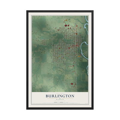 Map of Burlington, Kansas, 12 x 18 inch print in a black wood frame