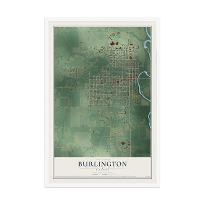 Map of Burlington, Kansas, 12 x 18 inch print in a white wood frame