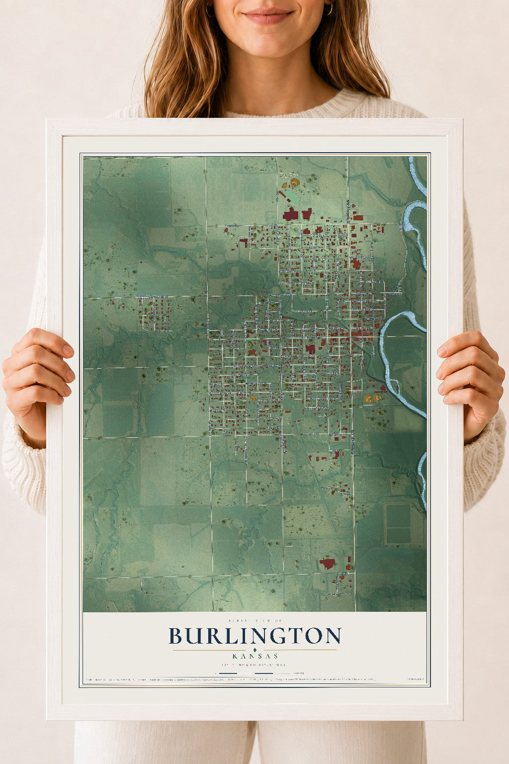 Map of Burlington, Kansas, 18 x 24 inch print in a white wood frame