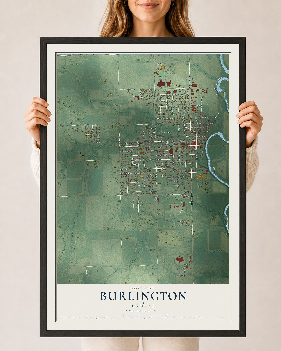 Map of Burlington, Kansas, 24 x 36 inch print in a black wood frame