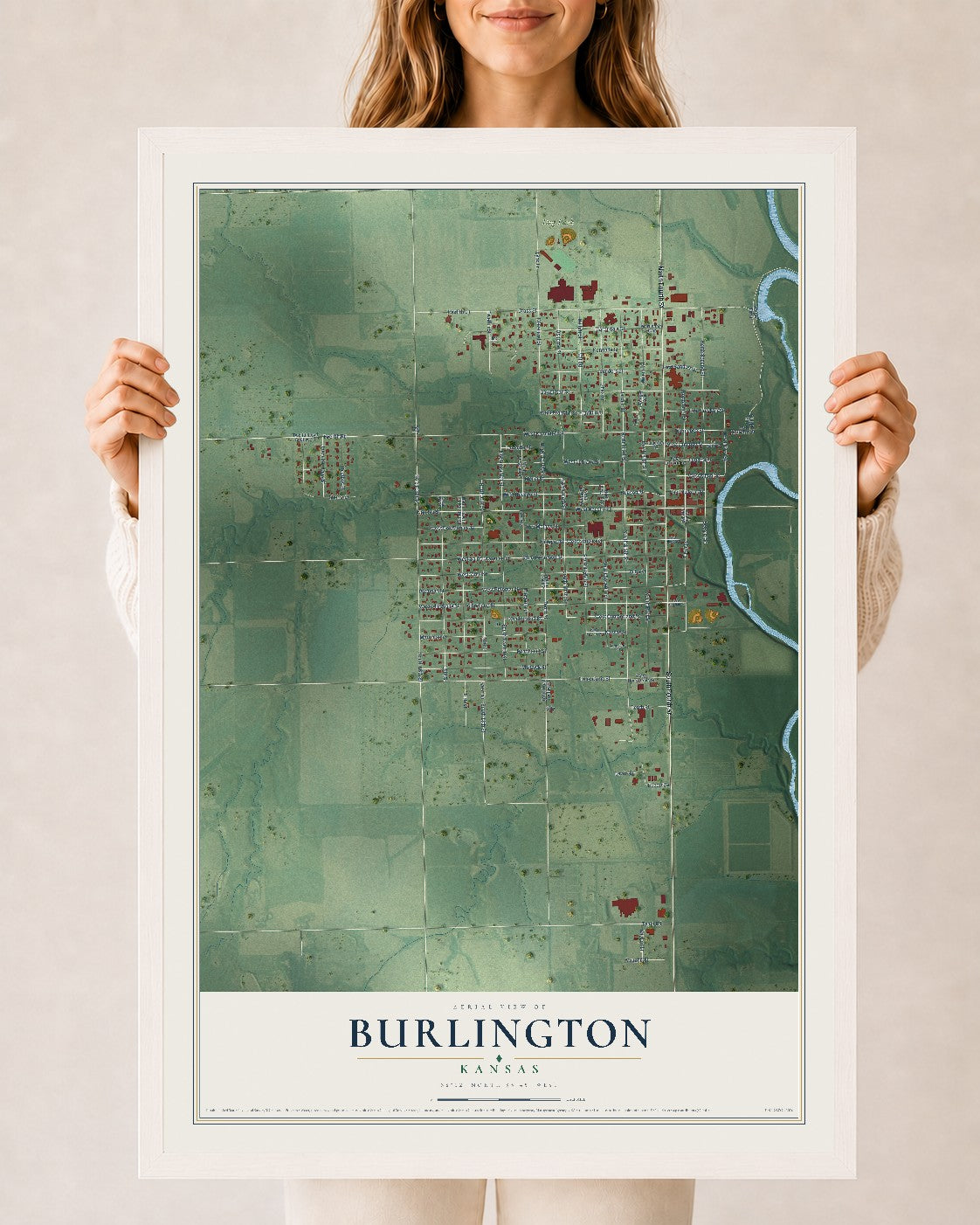 Map of Burlington, Kansas, 24 x 36 inch print in a white wood frame