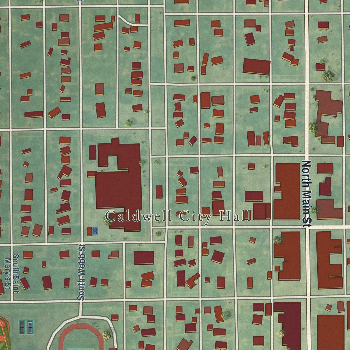 Close-up of the map of Caldwell, Kansas print showing street and building detail