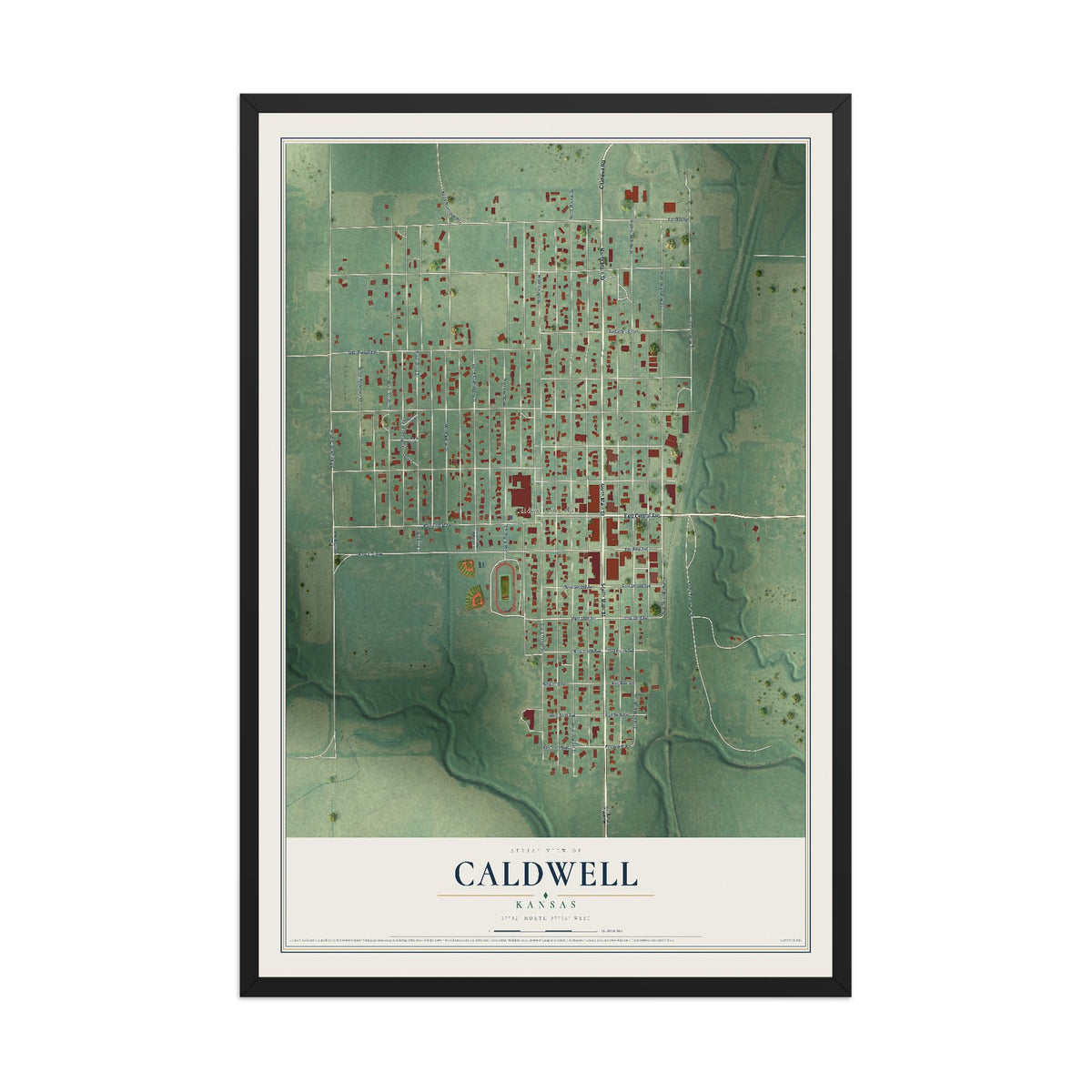 Map of Caldwell, Kansas, 12 x 18 inch print in a black wood frame