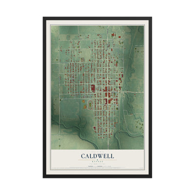 Map of Caldwell, Kansas, 12 x 18 inch print in a black wood frame