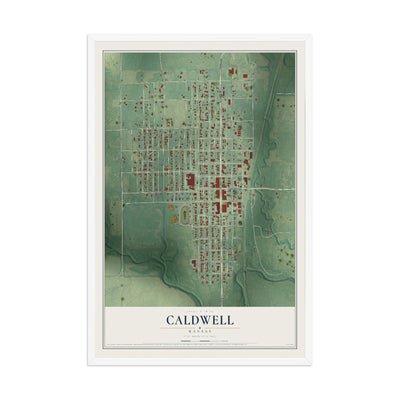 Map of Caldwell, Kansas, 12 x 18 inch print in a white wood frame