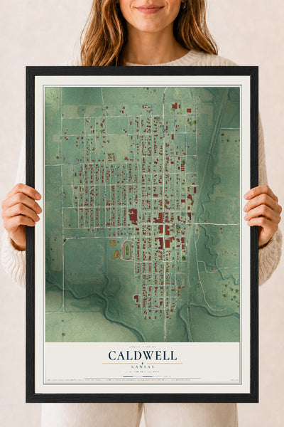 Map of Caldwell, Kansas, 18 x 24 inch print in a black wood frame