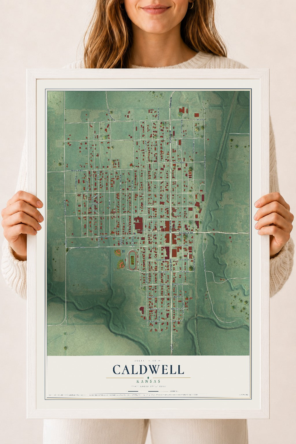 Map of Caldwell, Kansas, 18 x 24 inch print in a white wood frame