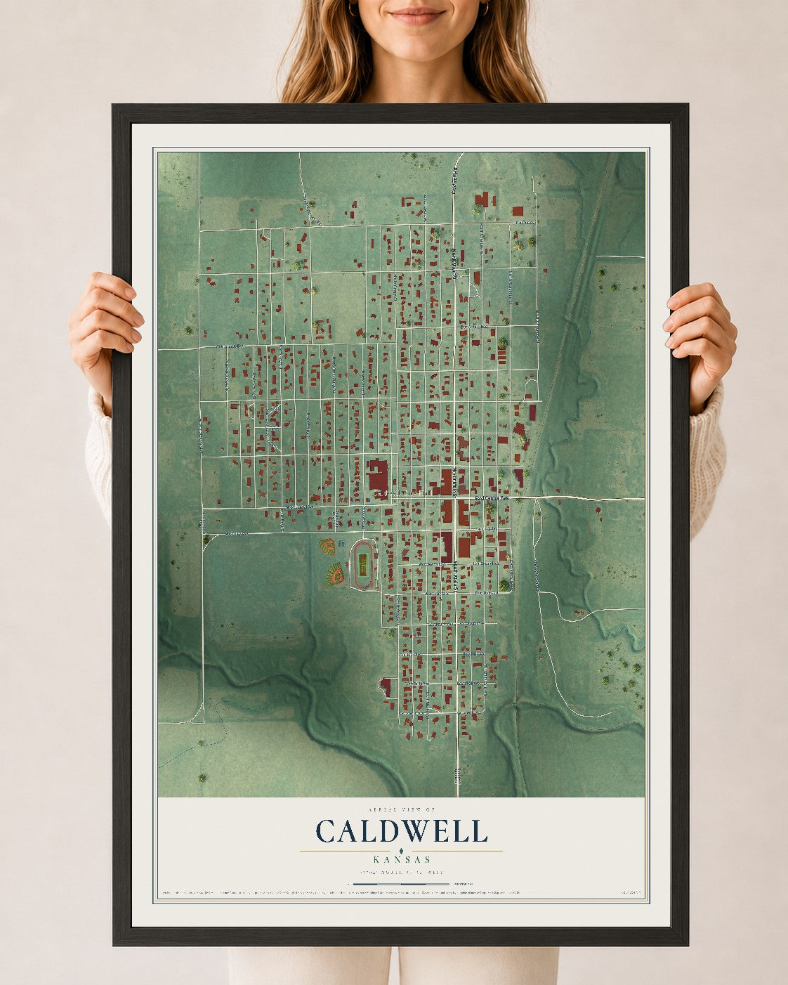 Map of Caldwell, Kansas, 24 x 36 inch print in a black wood frame