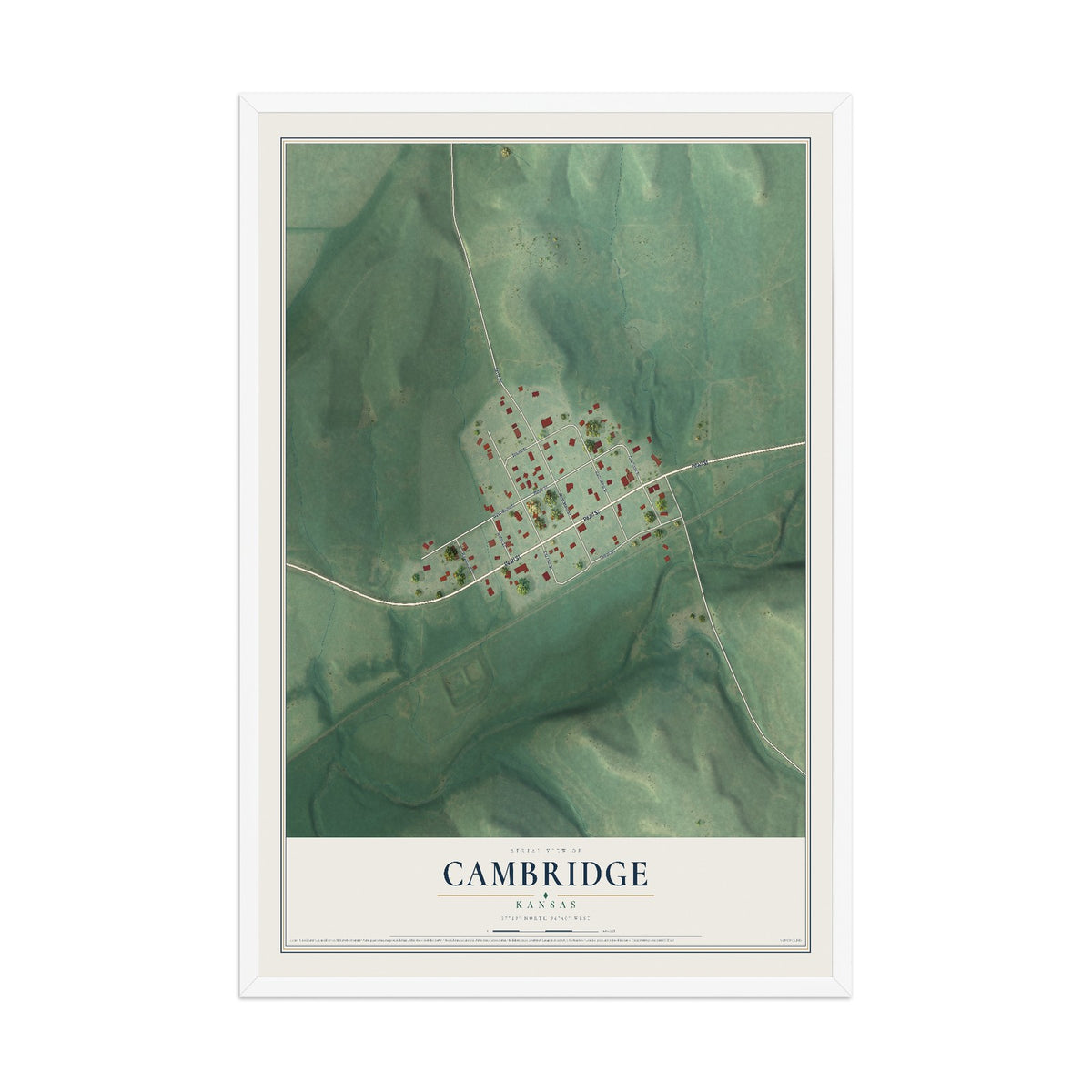 Map of Cambridge, Kansas, 12 x 18 inch print in a white wood frame