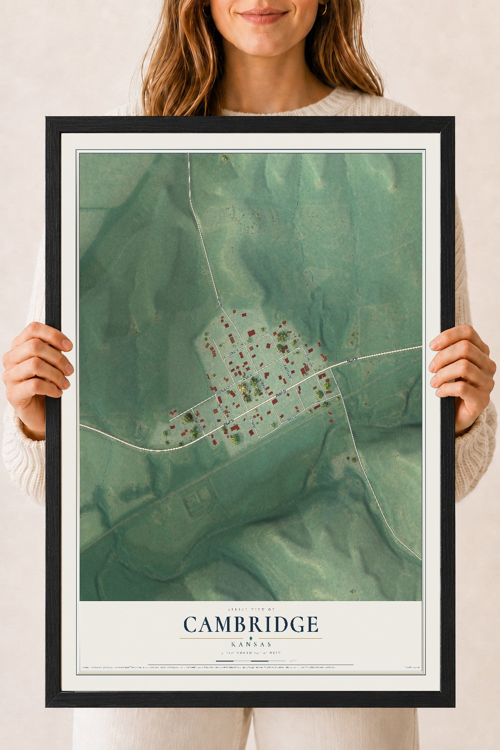 Map of Cambridge, Kansas, 18 x 24 inch print in a black wood frame