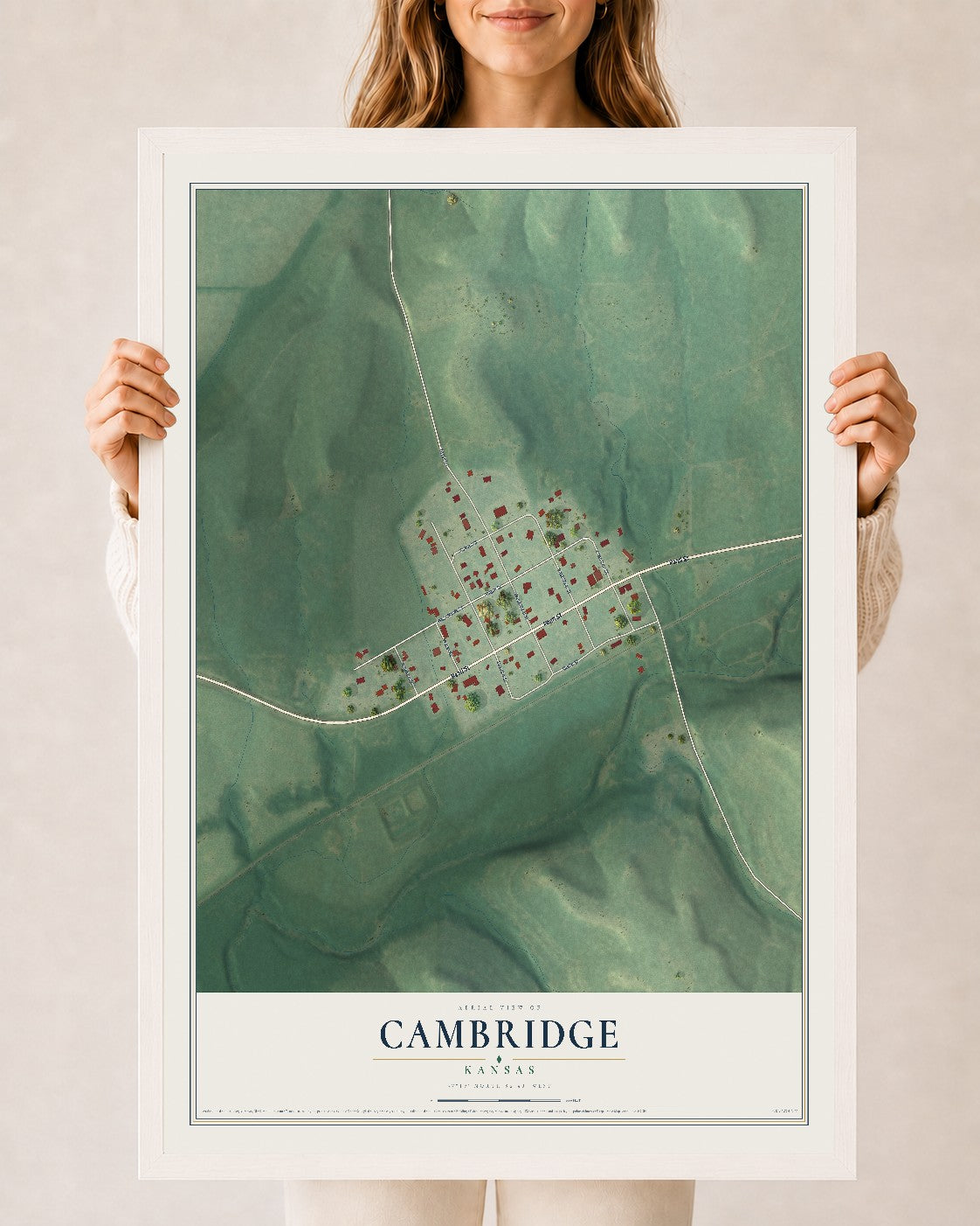 Map of Cambridge, Kansas, 24 x 36 inch print in a white wood frame